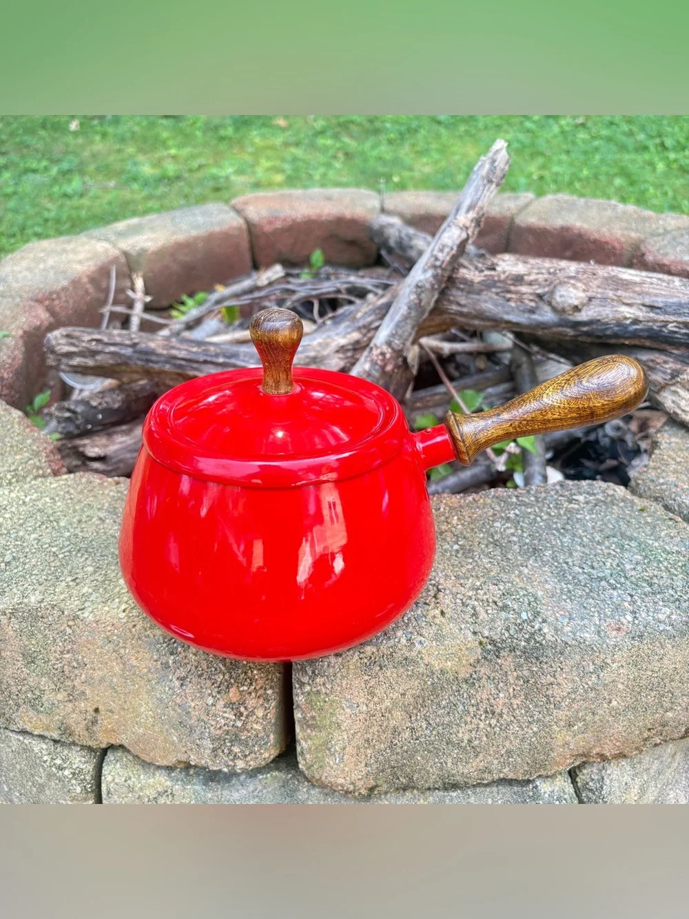 Vintage Japan Red Enamel Fondue Pot Serv Wood Hardwood Base MCM